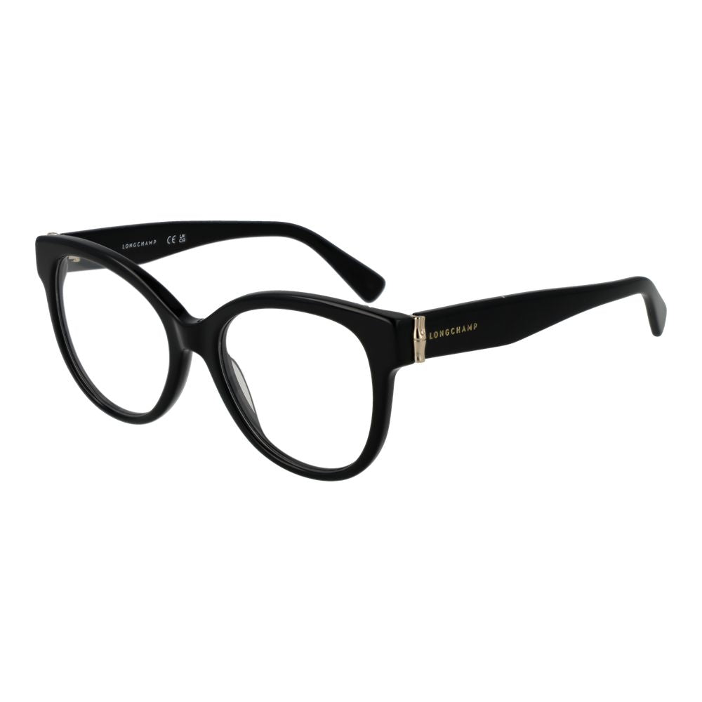 Longchamp Black Women Glasses Frame, full-rim acetate butterfly style, demo lenses, size 52-17-140, includes branded case, no extra features.