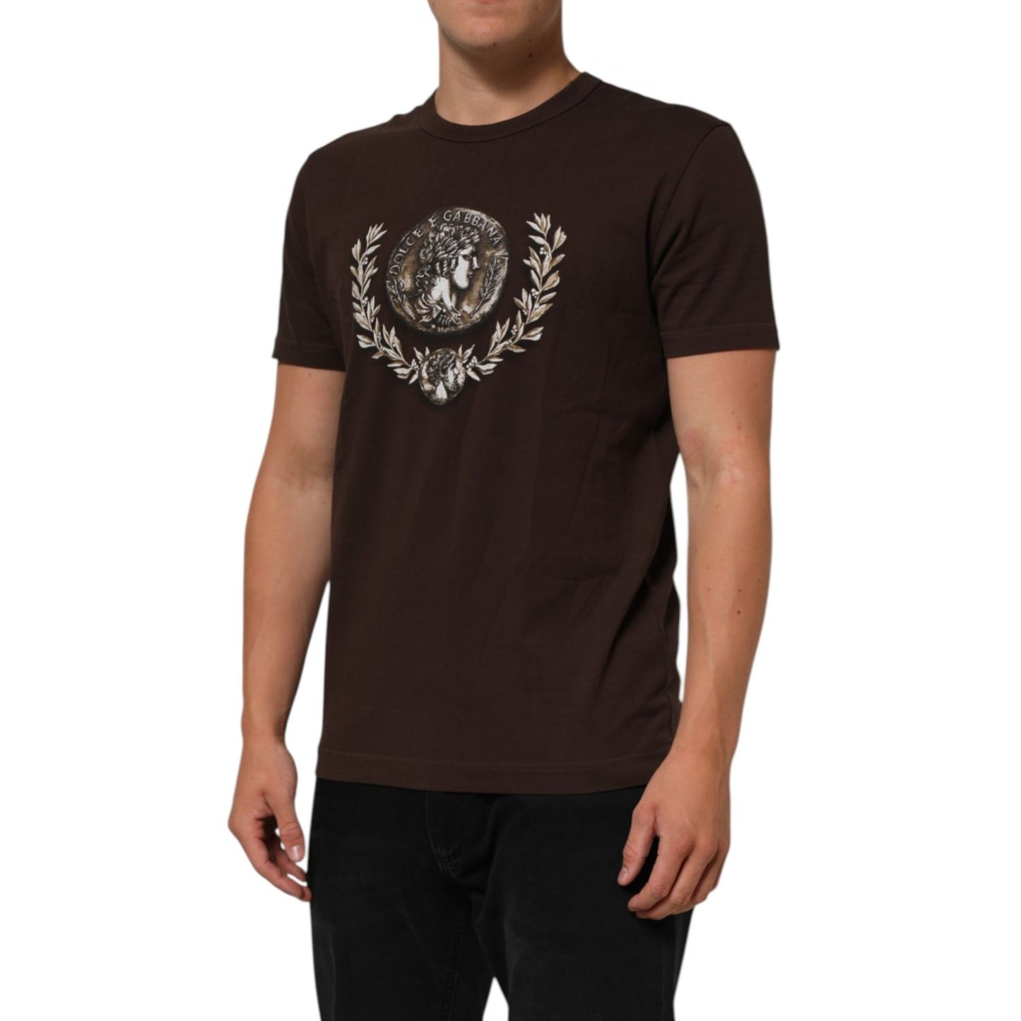 Dolce & Gabbana Brown Coin Laurel Print Men Crew Neck T-shirt on model, showcasing intricate design and premium cotton material.