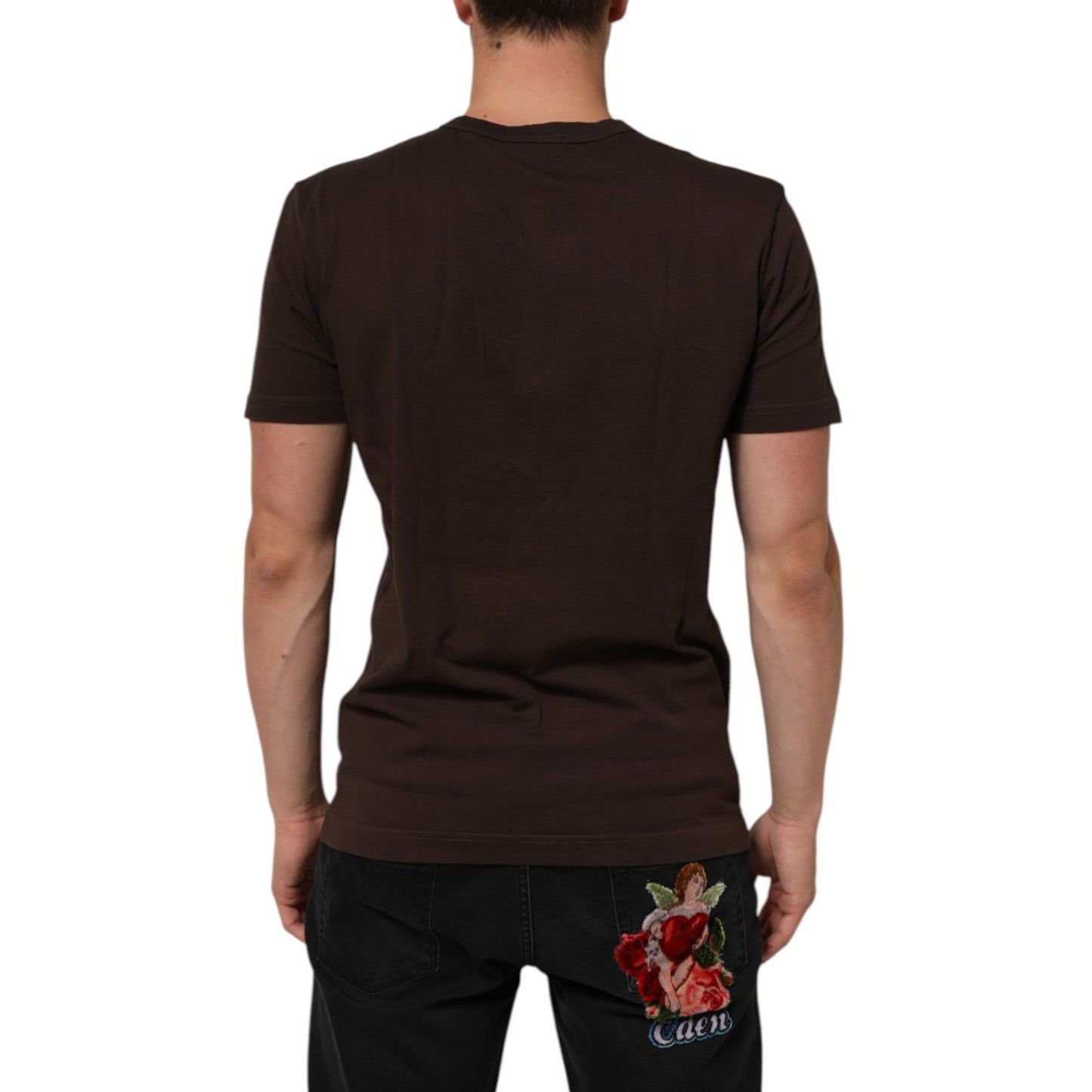 Back view of Dolce & Gabbana Brown Coin Laurel Print Men Crew Neck T-shirt