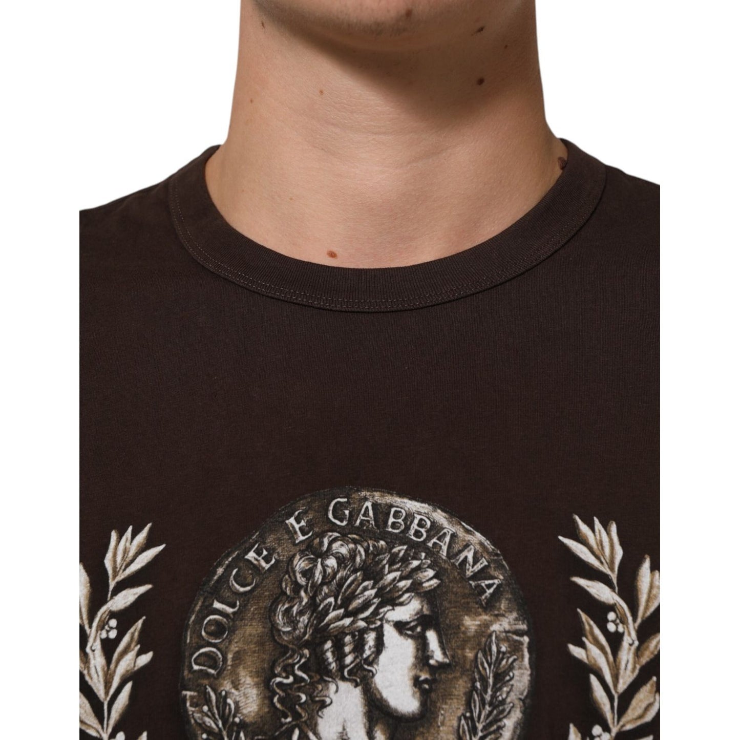 Dolce & Gabbana Brown Coin Laurel Print Men Crew Neck T-shirt featuring intricate design on model's chest