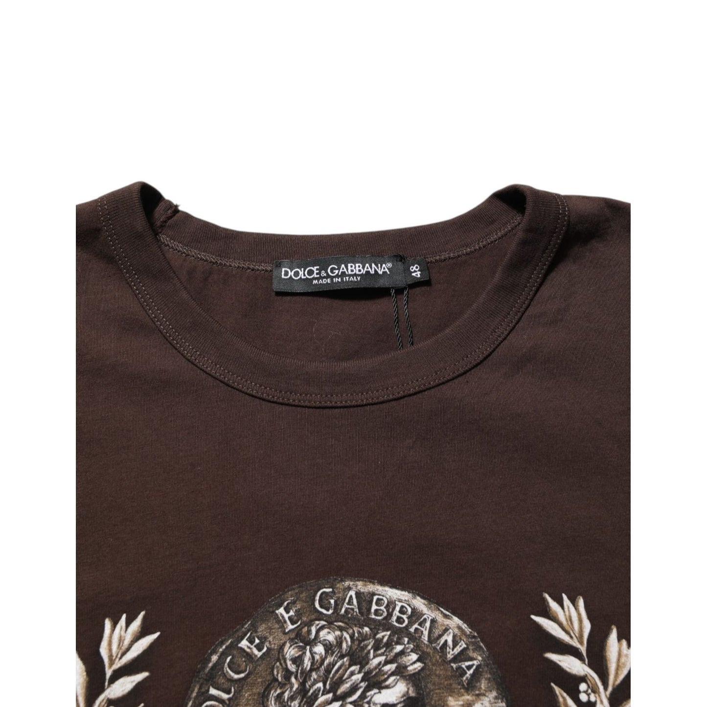 Dolce & Gabbana Brown Coin Laurel Print Men Crew Neck T-shirt with intricate design on premium cotton fabric.