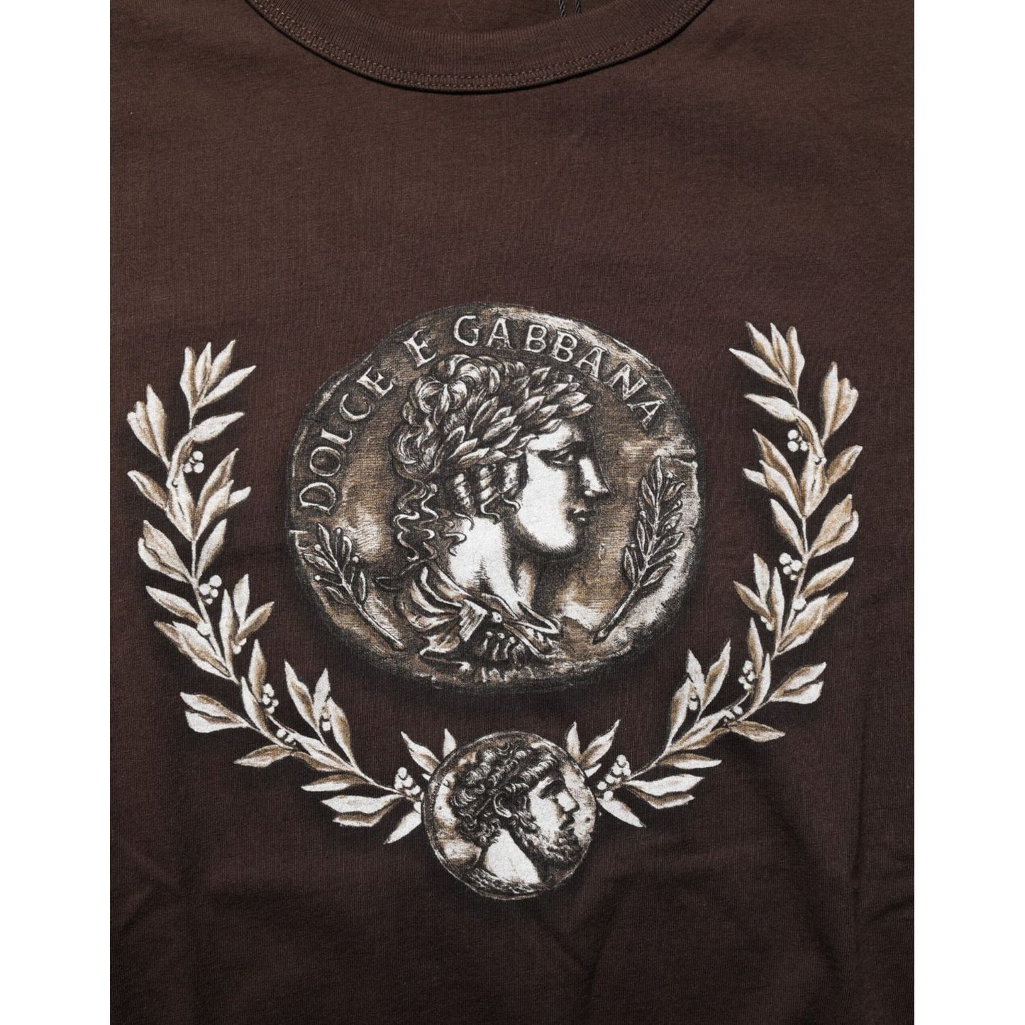 Dolce & Gabbana Brown Coin Laurel Print Men Crew Neck T-shirt with intricate regal coin and laurel design on premium cotton fabric.