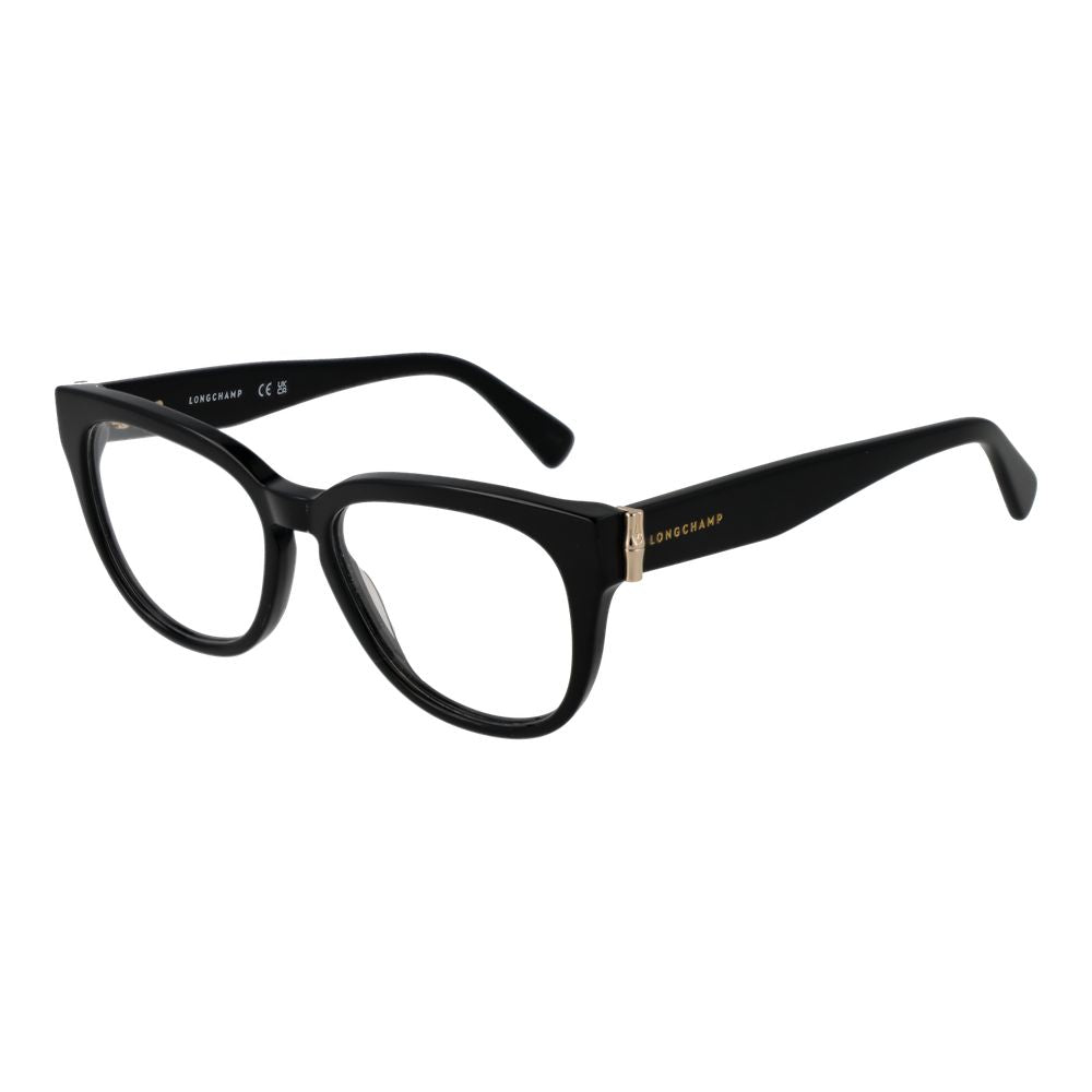 Longchamp Black Women Glasses Frame, full-rim acetate panto style with demo lenses, size 52-15-140, includes branded case.