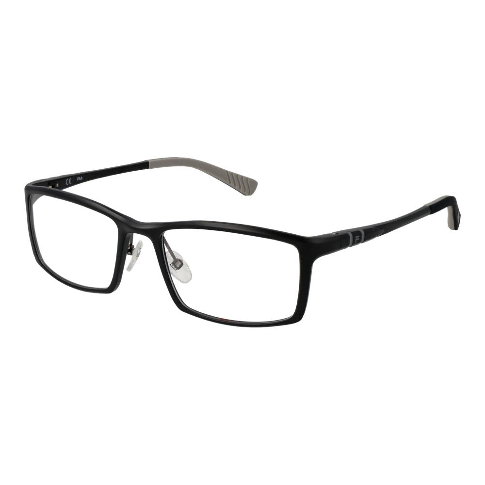 Fila Black Men Glasses Frame in black aluminum full-rim, size 55-18-140, with demo lenses and spring hinge for men.