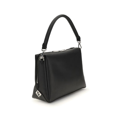 Fendi Black Calf Leather Bos Taurus Shoulder Bag with FF metal corner accents and palladium-finish hardware.