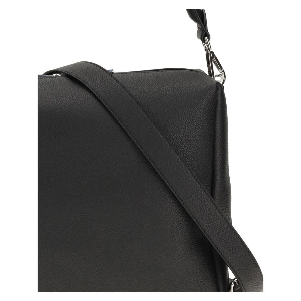 Close-up of Fendi Black Calf Leather Bos Taurus Shoulder Bag showcasing strap and metal details.