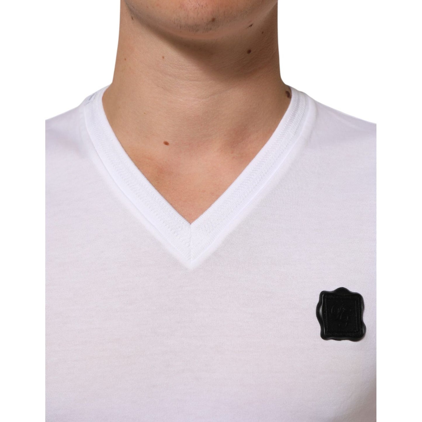Dolce & Gabbana White Cotton Logo Patch V-neck Tee T-shirt