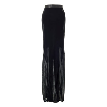 Tom Ford Black Viscose Long Skirt with sheer organza effect and leather waistband