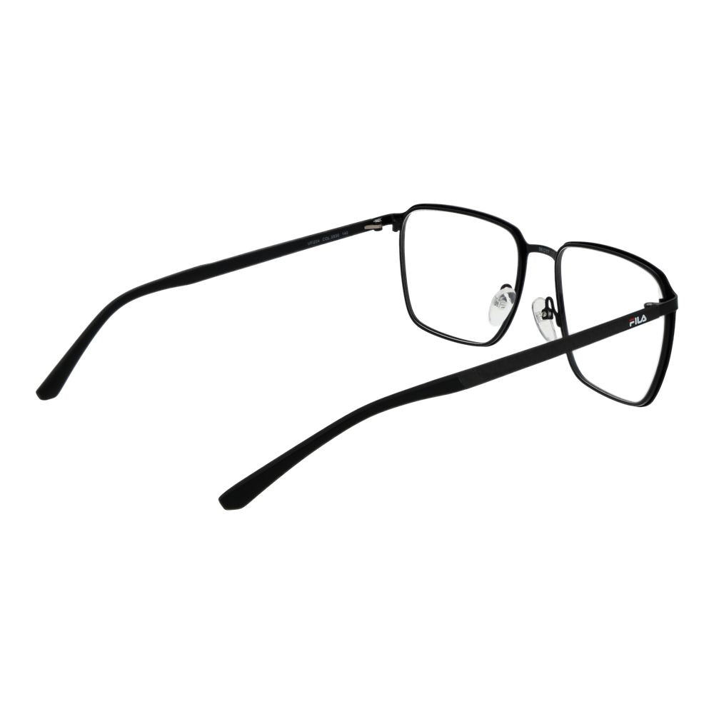Fila Black Men Glasses Frame with full-rim square style, metal and plastic material, black color, size 56-17-140, demo lenses included.