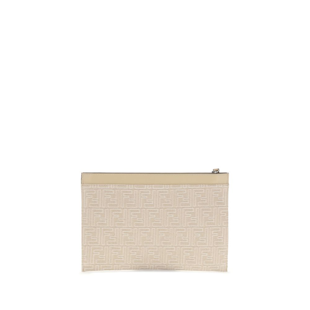 Fendi Cream Cotton Clutch Bag with FF motif embroidery and leather wrist strap, showcasing Fendi Roma print. Stylish and functional accessory.