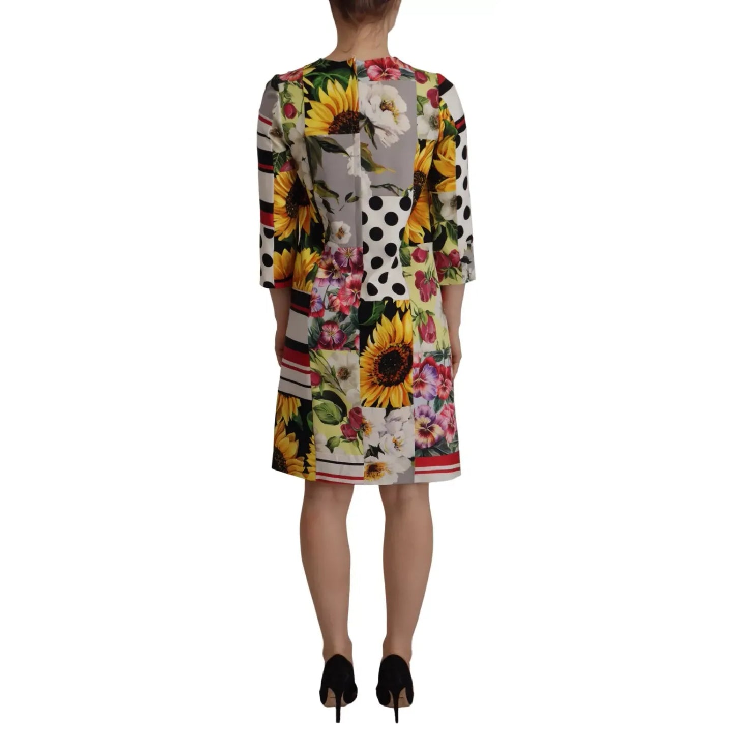 Dolce & Gabbana Multicolor Pachwork Charmeuse Floral Shift Dress with sunflowers, polka dots, and floral prints, back view
