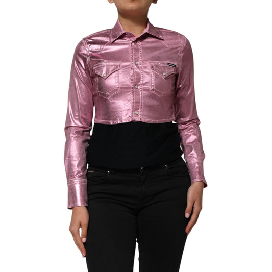 Dolce & Gabbana Pink Cotton Stretch Collared Cropped Jacket on model featuring button-up style and long sleeves.
