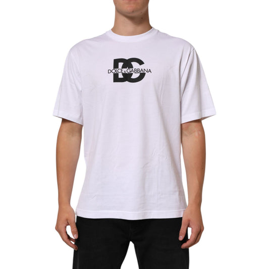 Dolce & Gabbana White Logo Print Cotton Crew Neck Men T-shirt modeled front view