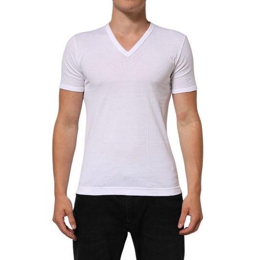 Dolce & Gabbana White Cotton V-Neck Short Sleeves T-shirt on model showcasing fit and style