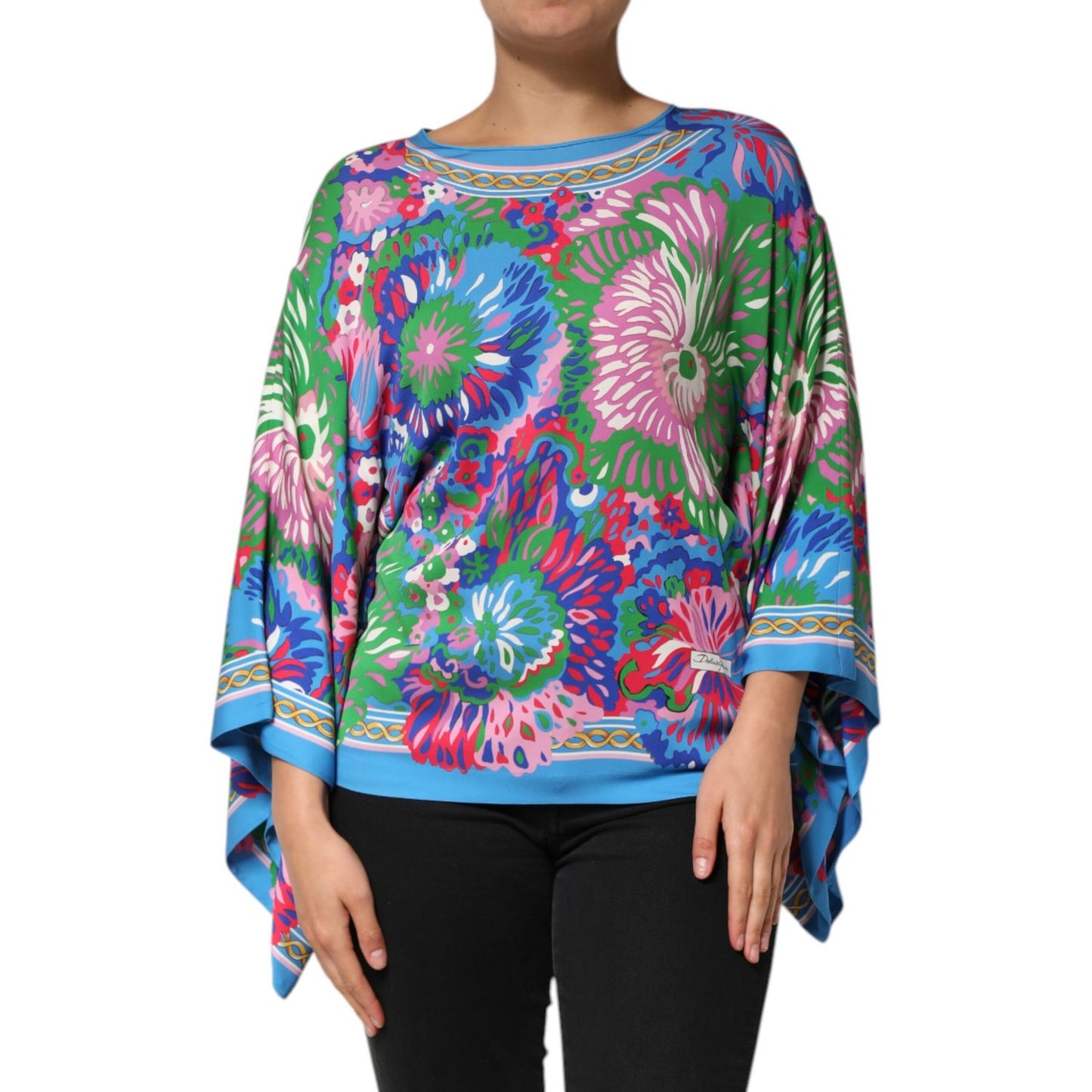 Dolce & Gabbana Multicolor Floral Print Silk Blouse Tunic Top with vibrant design and relaxed silhouette displayed on model.