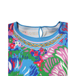 Dolce & Gabbana Multicolor Floral Printed Tunic Blouse Top close-up showcasing vibrant floral design in blue, pink, and green hues.