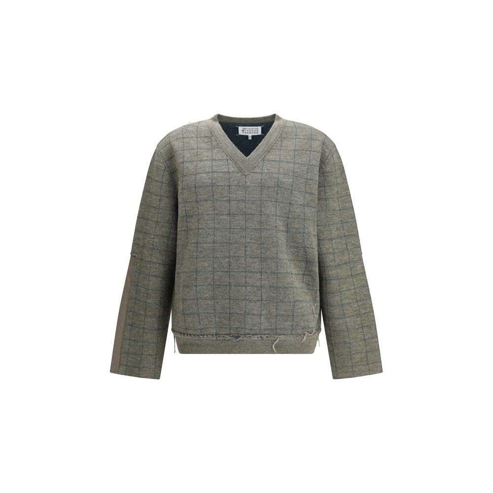 Margiela Green Fleece Wool Sweatshirt with grid pattern and V-neckline, crafted from soft wool, ideal for winter fashion, AW25 collection.
