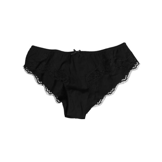 Dolce & Gabbana Black Silk Satin Floral Lace Panty Brief Underwear with delicate lace trim, crafted in Italy, luxurious and elegant design.