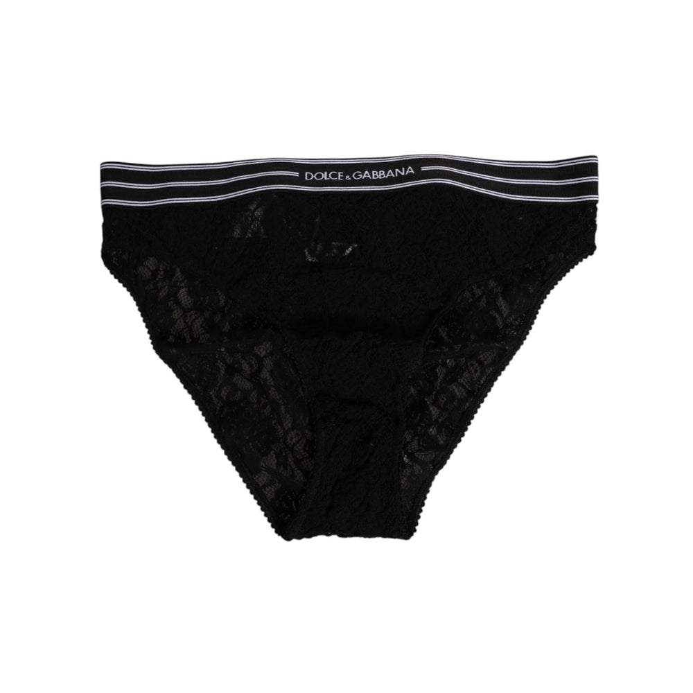 Dolce & Gabbana Black Lace Slip Brief Logo Waistband Underwear with sheer design, made in Italy, elegant and comfortable fit.