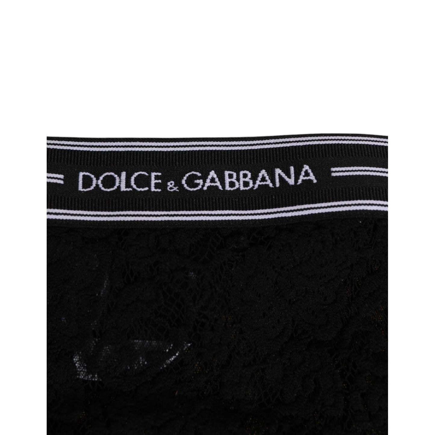 Dolce & Gabbana Black Lace Slip Brief Logo Waistband Underwear featuring sheer black lace and logo waistband detail.