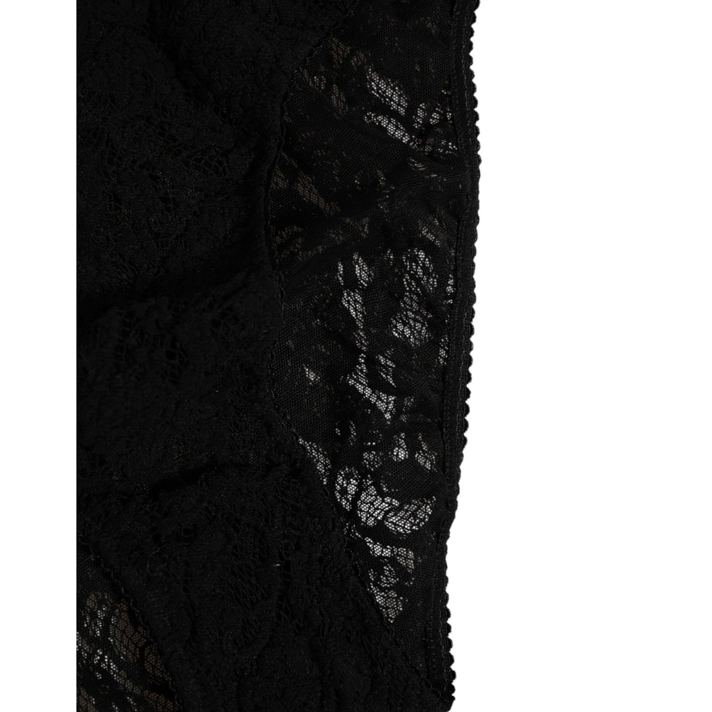 Close-up of Dolce & Gabbana Black Lace Slip Brief Logo Waistband Underwear showcasing intricate lace design and logo waistband.