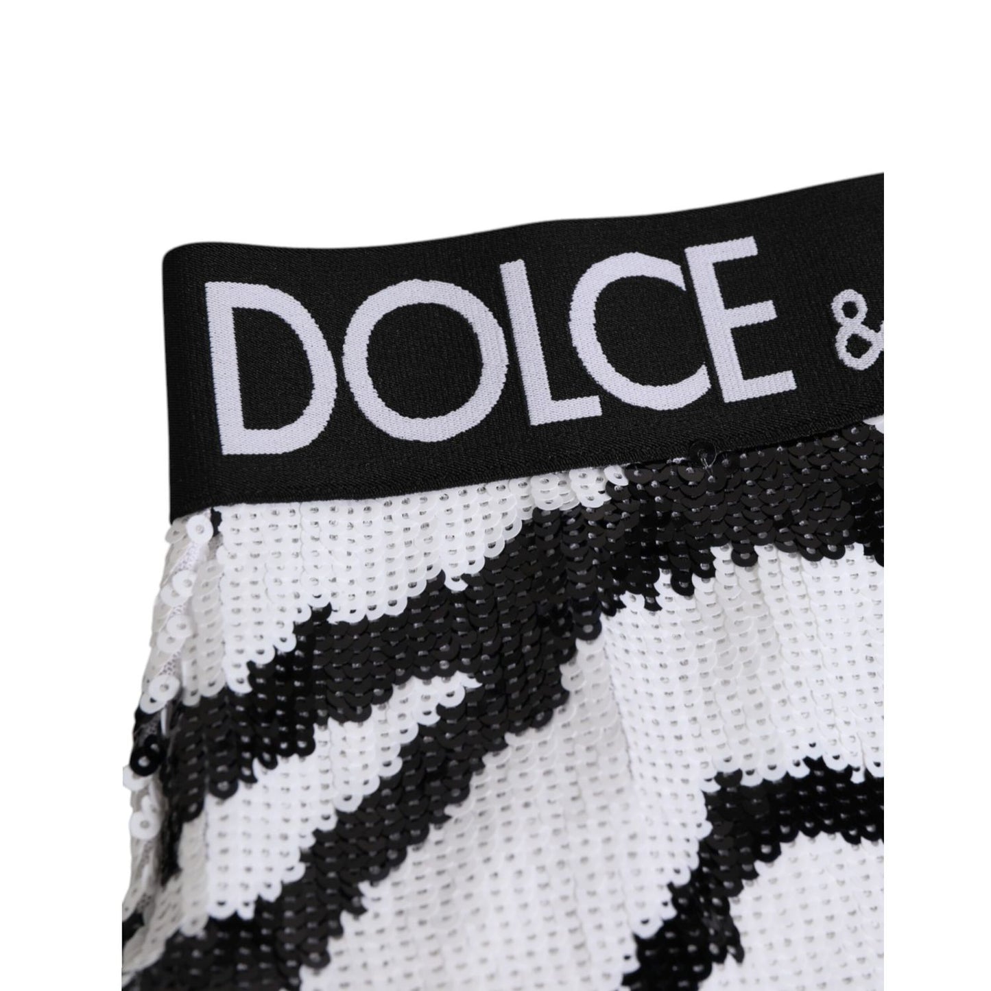 Dolce & Gabbana Black White Sequin High Waist Panty Underwear close-up with logo and sequin detailing.
