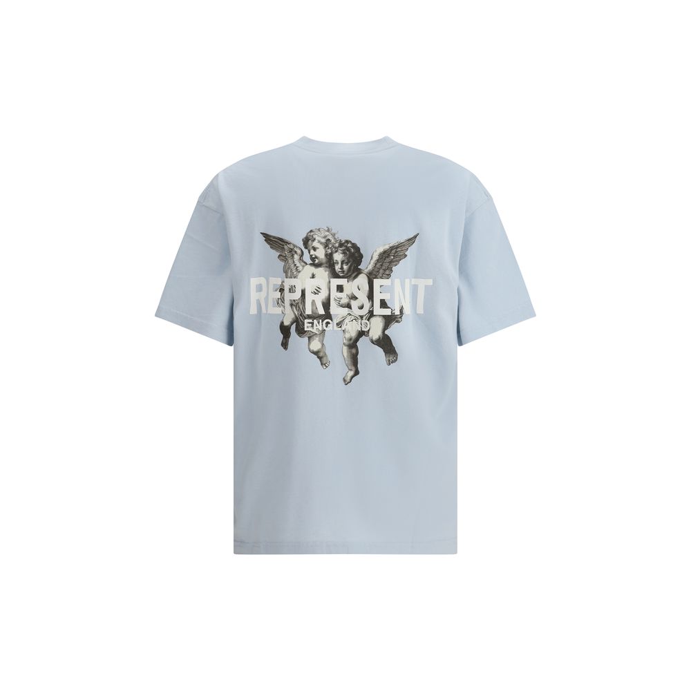 Represent Light Blue Cotton T-Shirt featuring cherub graphics on back, oversized fit, ribbed collar, and twin-needle hem for style and durability.