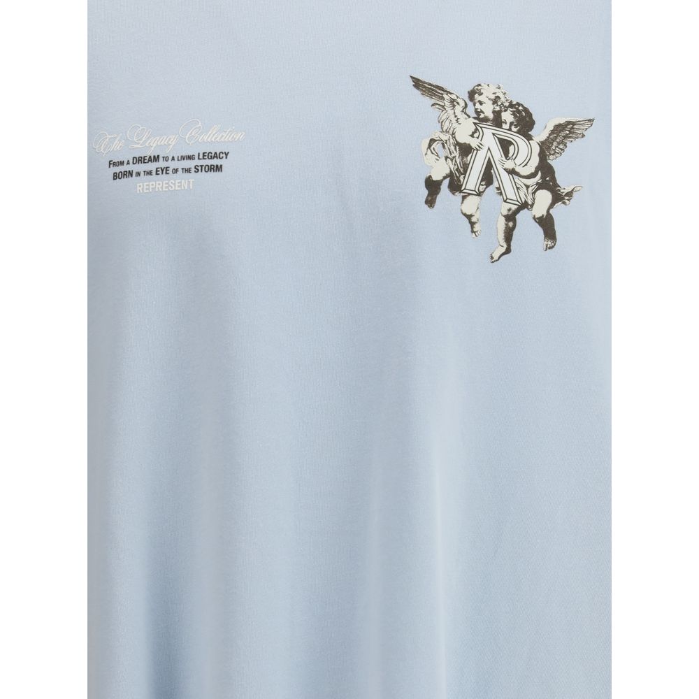 Represent Light Blue Cotton T-Shirt with cherub graphics and metal bar detail on chest.