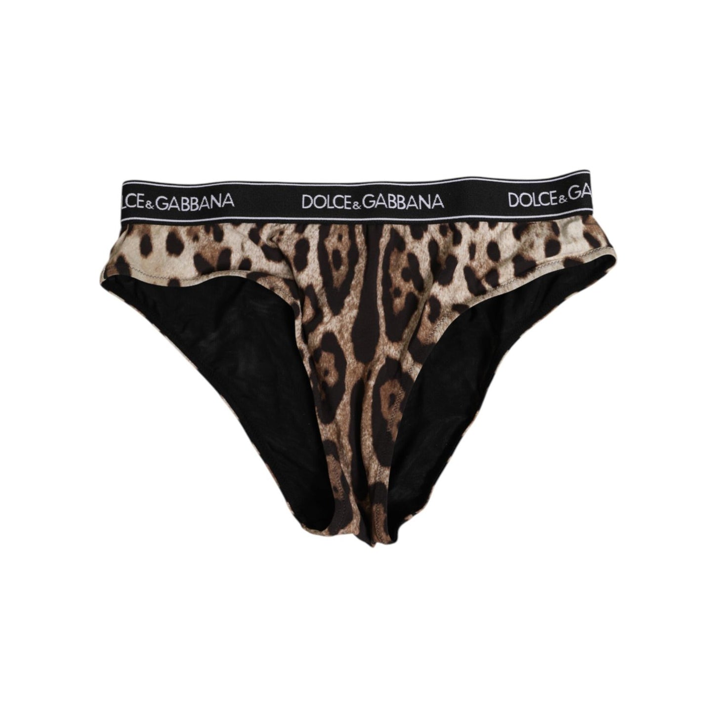 Dolce & Gabbana Brown Leopard Nylon High Waist Panty Underwear with signature print and logo waistband, made in Italy.