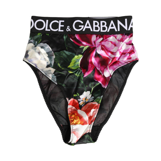 Dolce & Gabbana Black Floral Print High Waist Panty Underwear with vibrant floral design on black fabric.