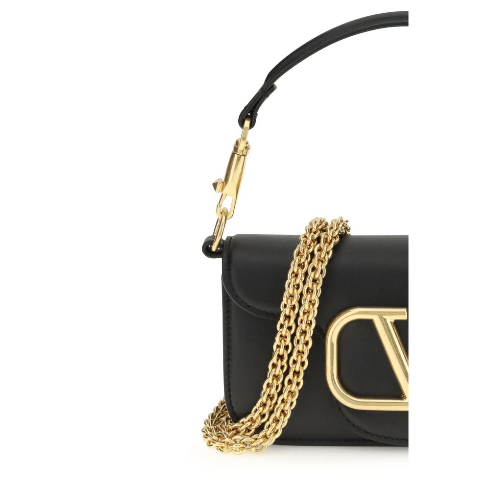 Valentino Garavani Black Calf Leather Bos Taurus Shoulder Bag with chain strap and VLogo in antiqued brass.
