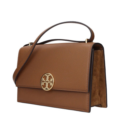 Tory Burch Brown Leather Crossbody Bag with gold logo, adjustable strap, and button closure.