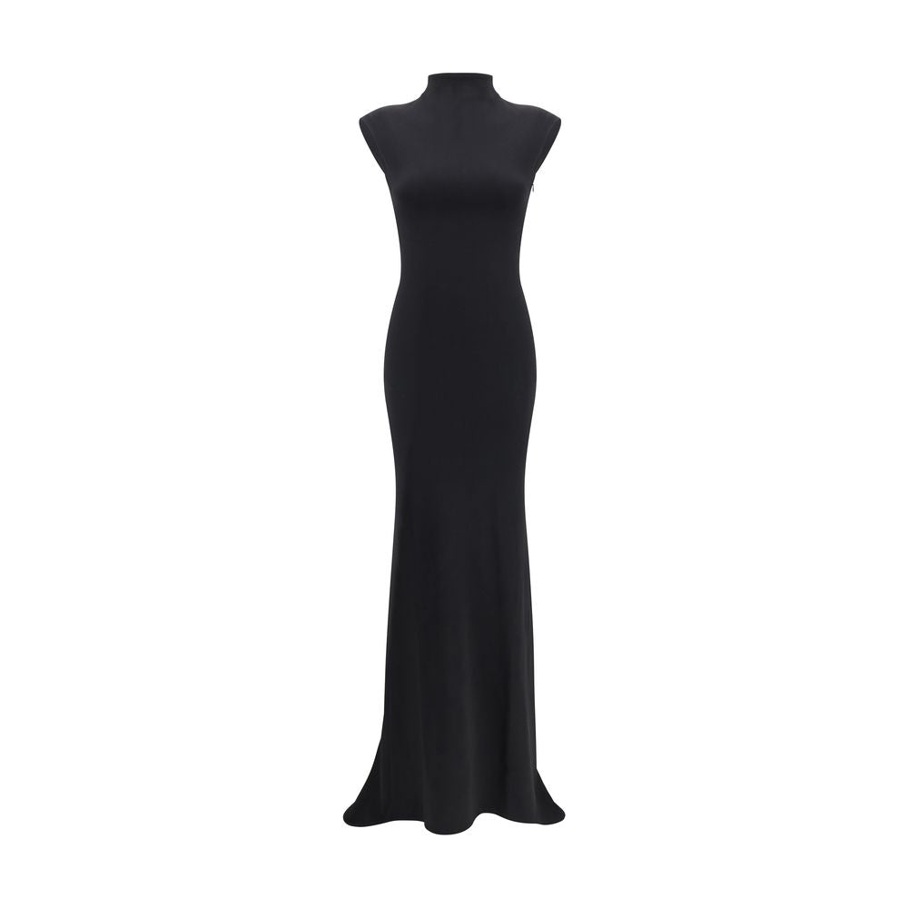 Jacquemus Black Viscose Cocktail Dress with high neckline, cap sleeves, and floor-length silhouette.