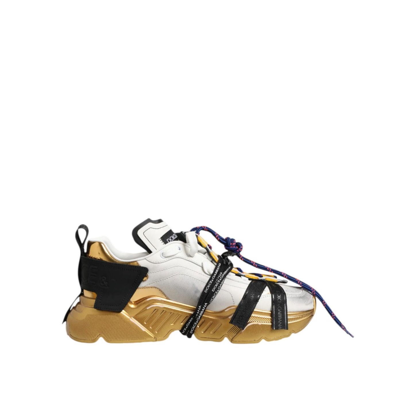 "Dolce & Gabbana Multicolor Daymaster Low Top Sneakers Shoes with white leather and gold accents, side view."
