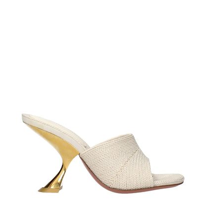 Amina Muaddi Beige Fabric Slippers with unique gold heel and woven beige design, MPN TAYLORWOVENSLIPPERWOVENBEIGE.