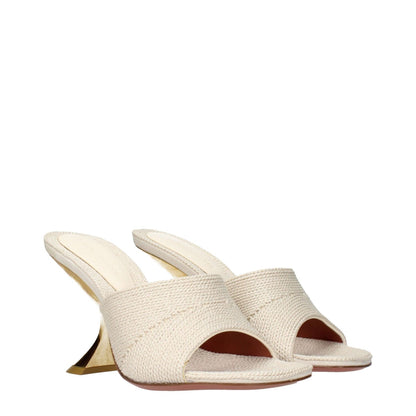 Amina Muaddi Beige Fabric Slippers are open-toe sandals featuring a woven design with gold heel accents, ideal for elegant summer occasions.