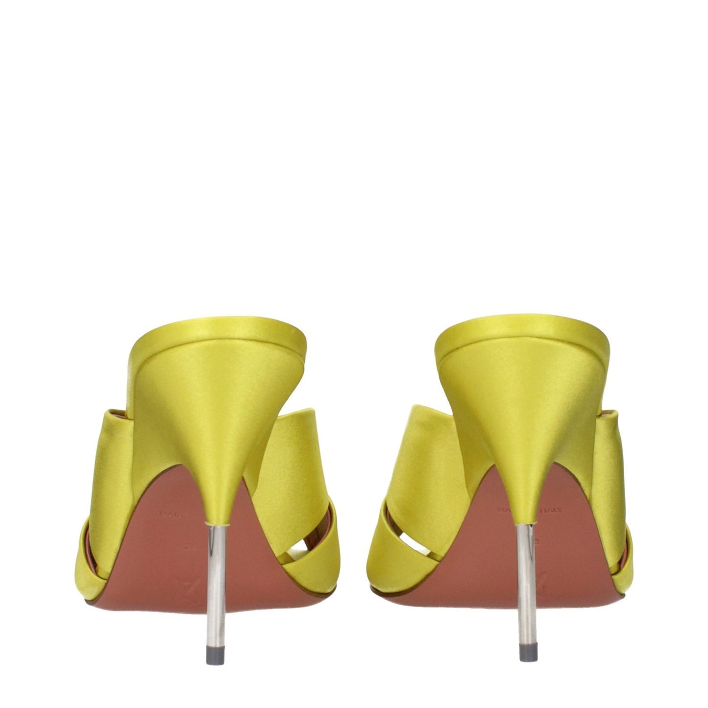 Rear view of Amina Muaddi Green Satin Stiletto Heel Sandals showcasing glossy satin finish and sleek heel design.