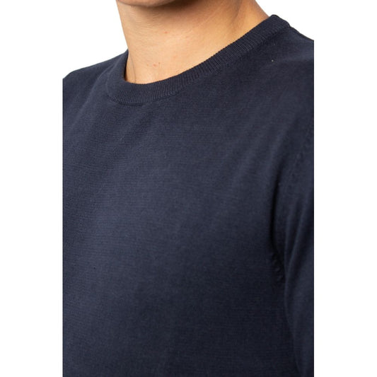 Close-up of Jack Jones Blue Cotton Sportswear sweater showing round neck and knit texture, perfect for style and comfort.