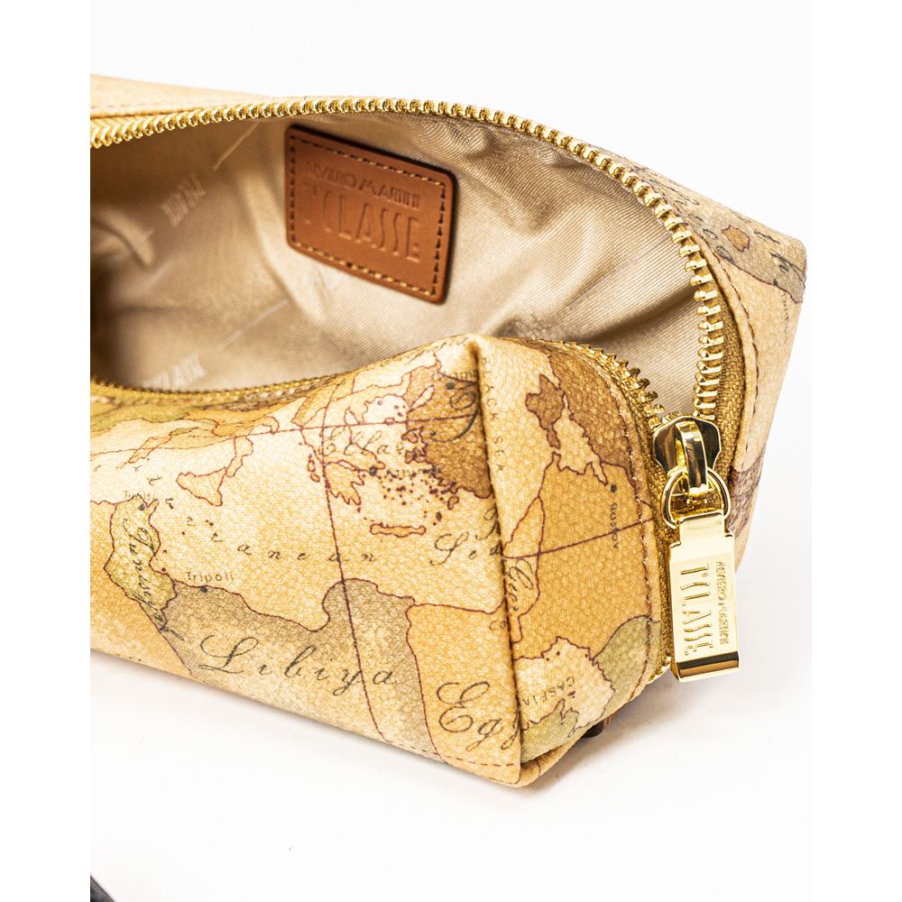 Alviero Martini Prima Classe Beige Cotton Clutch Bag with map design and gold zipper