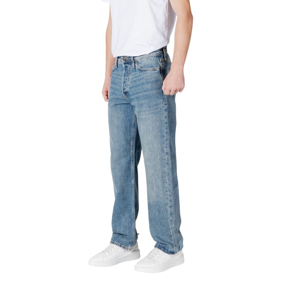 Man wearing Jack Jones Blue Cotton Relaxed Fit Jean, showcasing relaxed and comfortable style with sustainability focus.