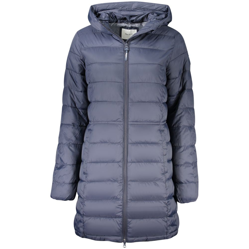 Blue puffer jacket with a hood on a white background
