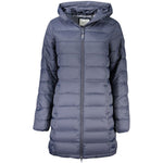 Blue puffer jacket with a hood on a white background