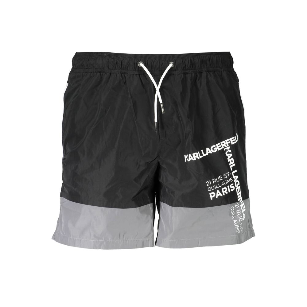 Karl Lagerfeld Black Polyester Swimwear, medium sea boxer with 2 pockets, back pocket, interior briefs, laces, and contrasting details.