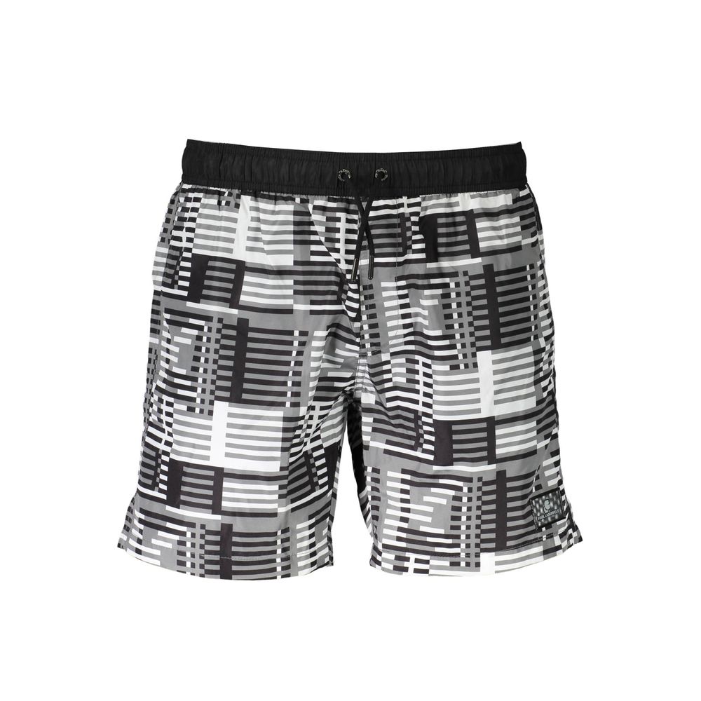 Karl Lagerfeld Black Polyester Swimwear with geometric pattern, medium-length, two side pockets, back pocket, laces, logo on side.