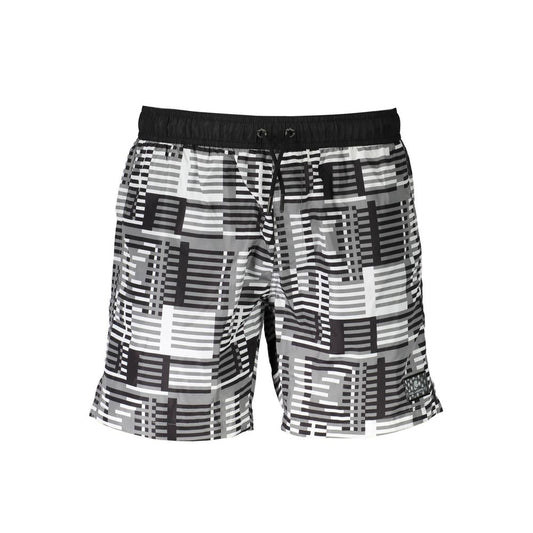 Karl Lagerfeld Black Polyester Swimwear with geometric pattern, medium-length, two side pockets, back pocket, laces, logo on side.