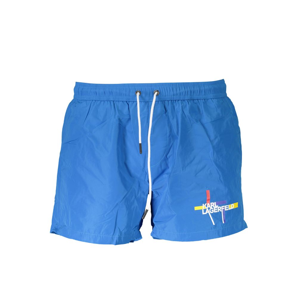 Karl Lagerfeld Blue Polyester Swimwear, short swim boxer with logo, laces, and pockets; stylish and durable summer wear.