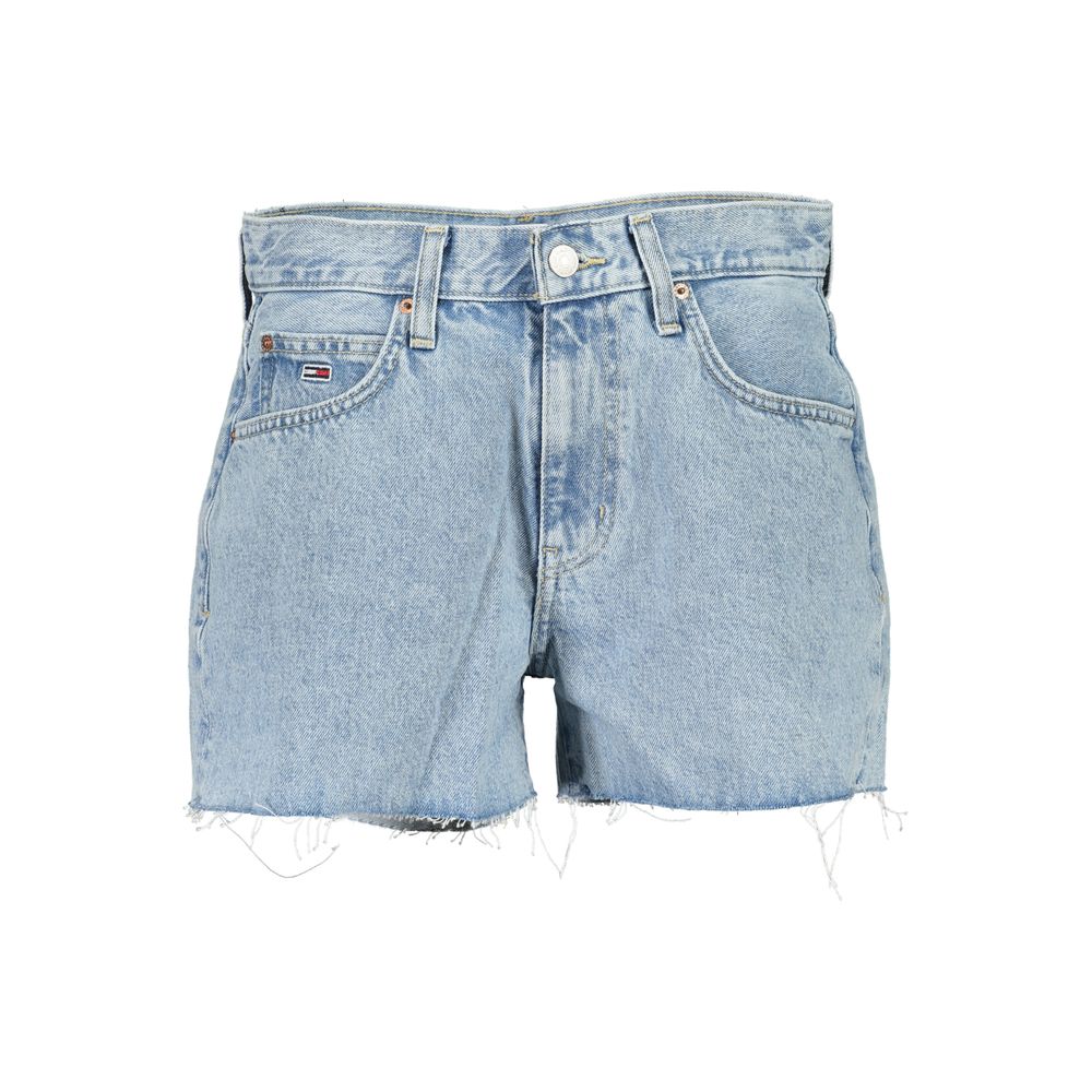Alt Tag: Tommy Hilfiger Blue Cotton Short with 5 pockets, fringed hem, button and zip closure, featuring a logo detail.