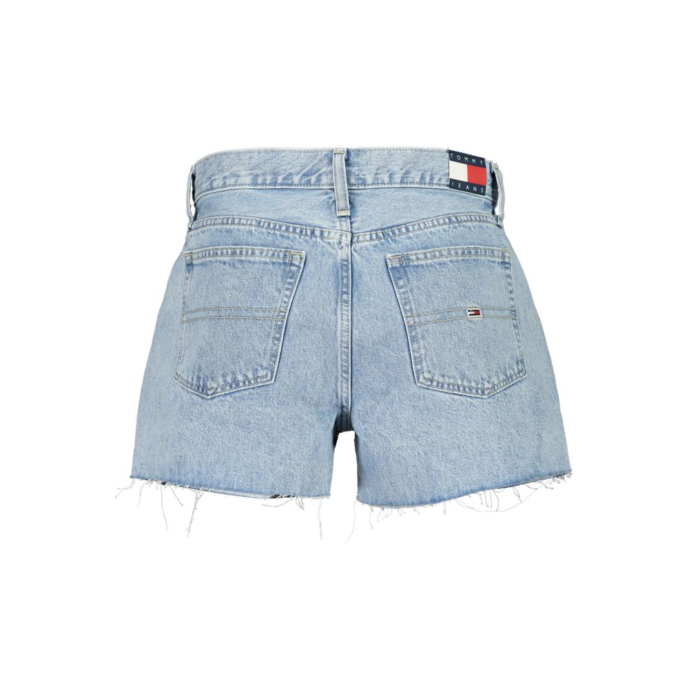 Tommy Hilfiger Blue Cotton Short with 5 pockets, fringed hem, and logo displaying from behind.