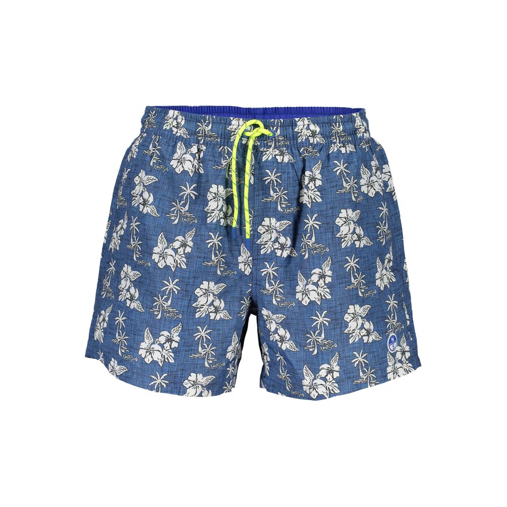 North Sails Blue Polyester Swimwear featuring floral pattern, elastic waist with laces, pockets, and logo detailing.