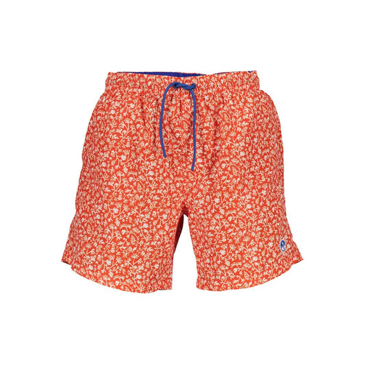 North Sails Red Polyester Swimwear, patterned swimming boxer with elastic waist, drawstring, pockets, and logo